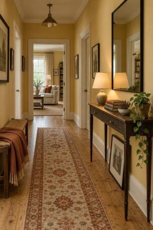 Cozy butter-yellow hallway with a pine floor, wool runner, console with a lamp and mirror, and a low bench with a throw.
