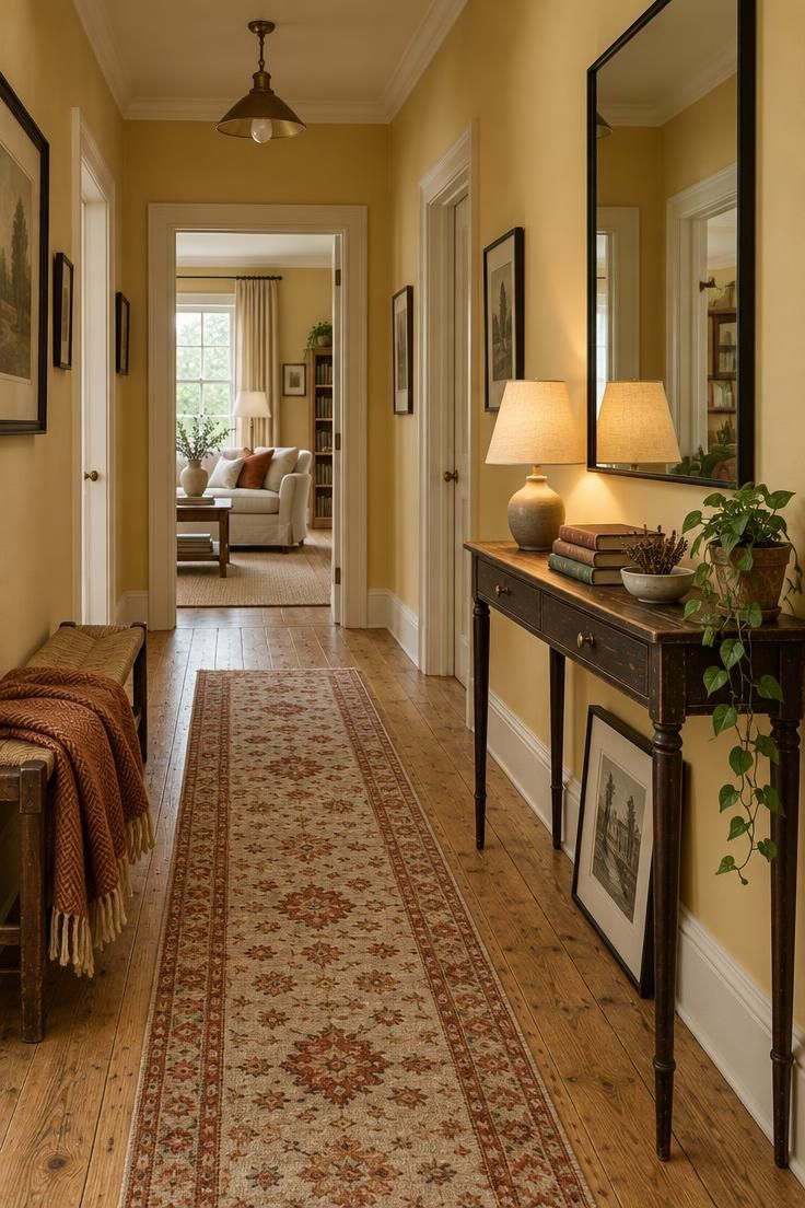 Cozy butter-yellow hallway with a pine floor, wool runner, console with a lamp and mirror, and a low bench with a throw.