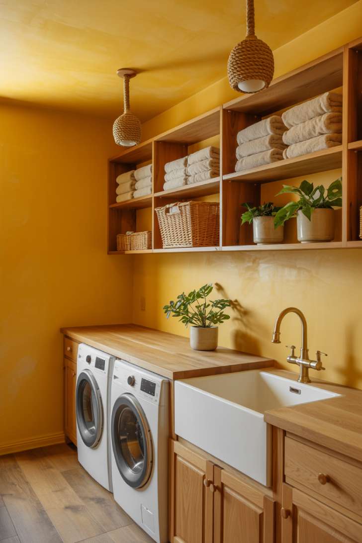 Yellow laundry room with natural oak shelving, butcher block countertop, and brass accents