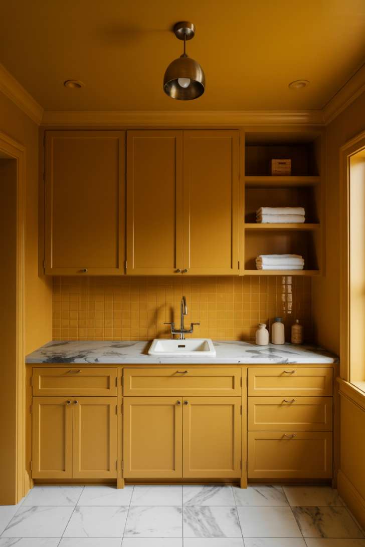 Mustard yellow color drenched laundry room with white marble countertop and chrome fixtures