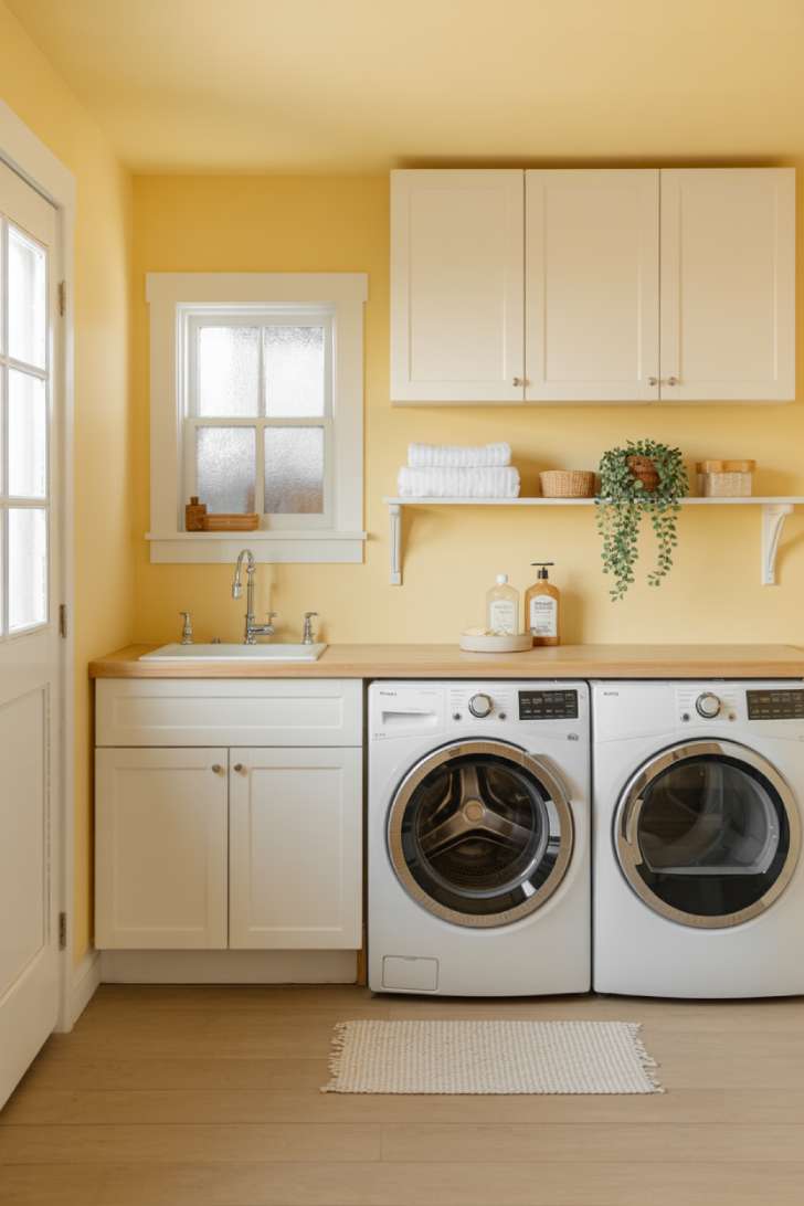 Butter yellow laundry room walls with white shaker cabinets and butcher block countertop