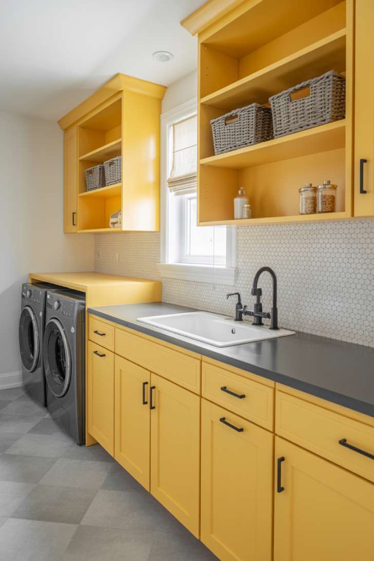 Yellow and gray laundry room with charcoal quartz countertop and white hex tile backsplash