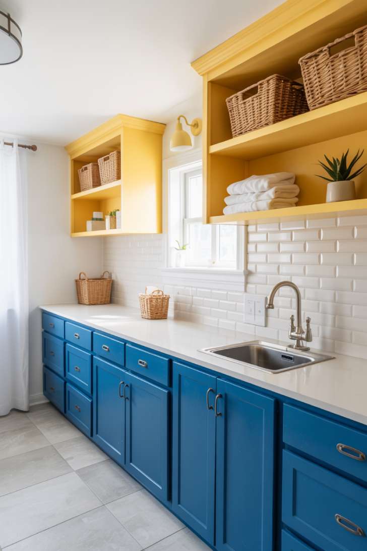 Yellow and blue coastal laundry room with cobalt cabinets and seagrass basket accents