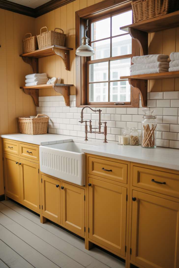 Farmhouse yellow shaker cabinet laundry room with white apron sink and shiplap walls