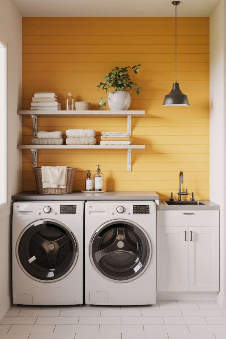 Mustard yellow shiplap accent wall laundry room with white cabinets and black hardware