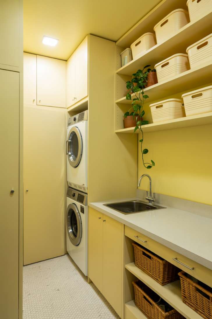 Small yellow laundry room with stacked washer dryer, open white shelving, and pull-out basket storage