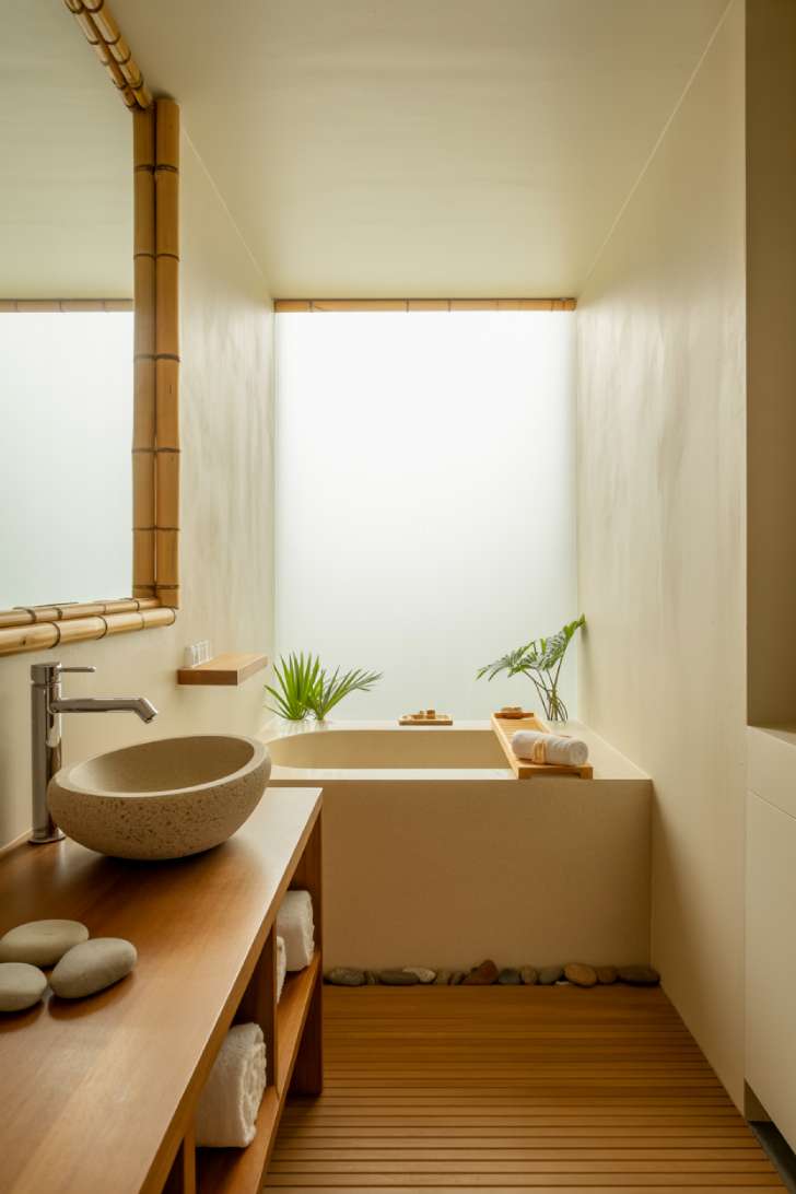 Minimalist Japanese bathroom with wooden vanity and river stone vessel sink