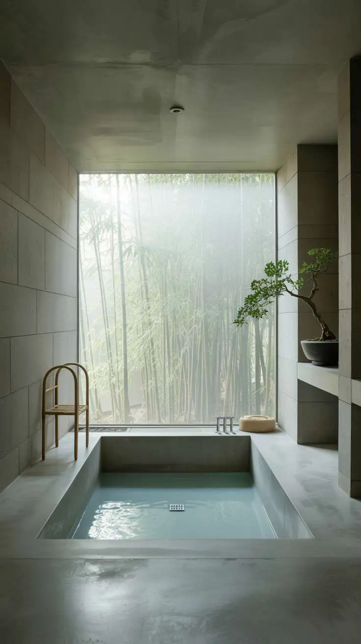 23 Serene Zen Bathroom Design Ideas for Peaceful Retreats 1 Minimalist zen bathroom featuring grey concrete soaking tub with bamboo accents and natural lighting