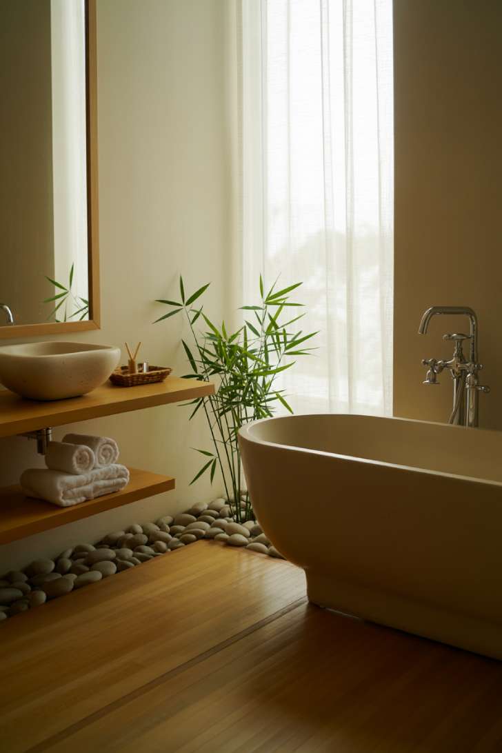 Zen bathroom featuring white ceramic soaking tub near window with bamboo flooring