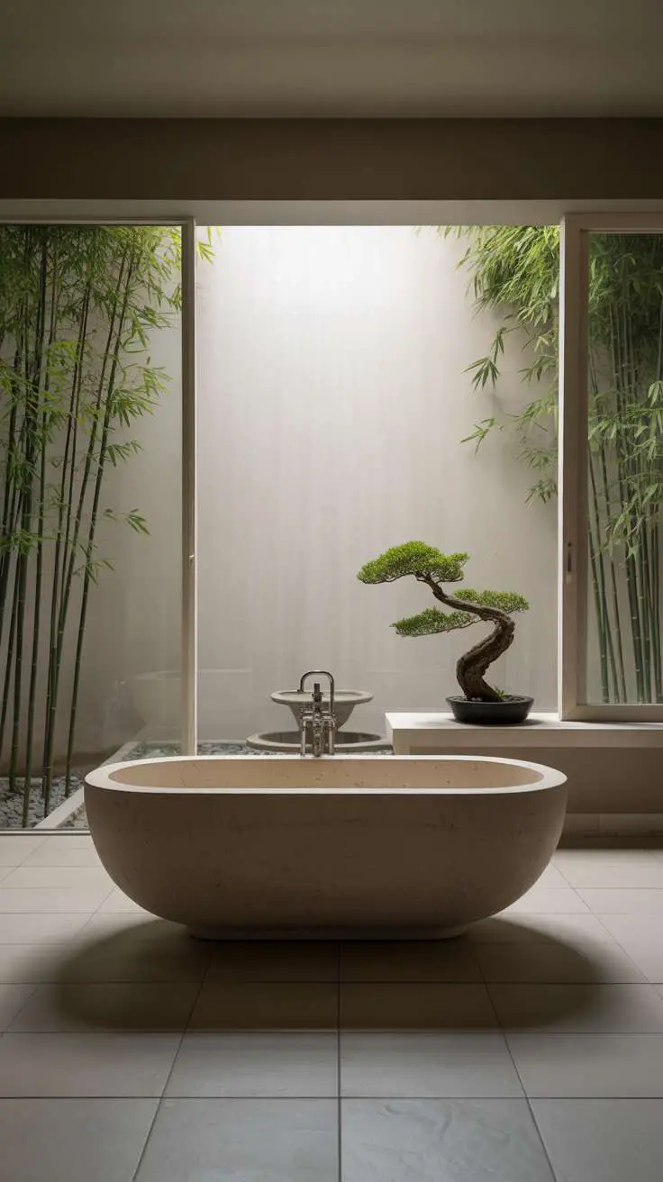23 Serene Zen Bathroom Design Ideas for Peaceful Retreats 2 White stone soaking tub centered in spacious room with bamboo garden views and misted fountain