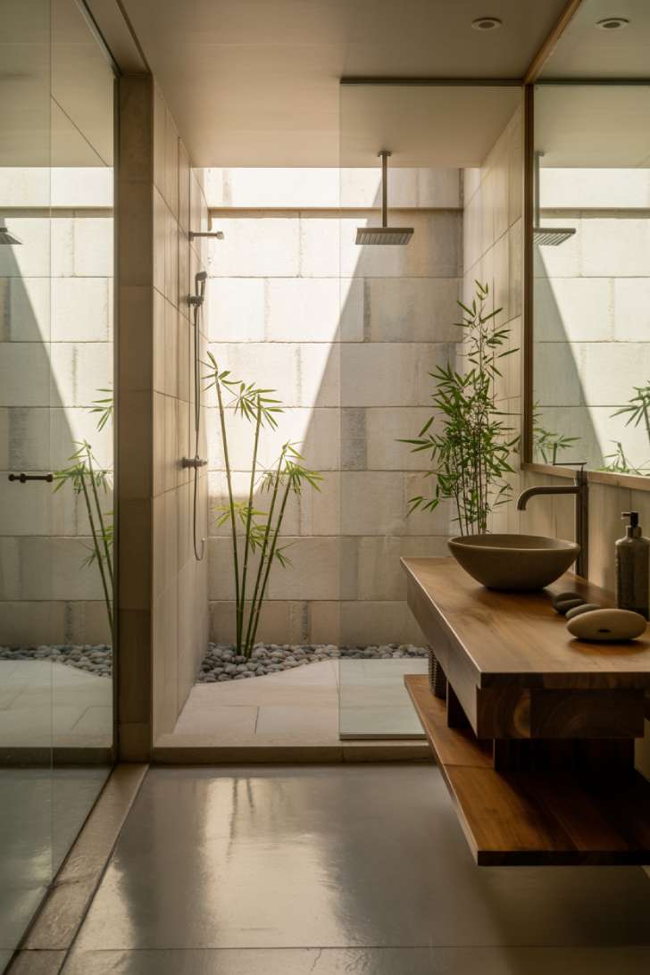 Zen Japanese bathroom with walk-in shower featuring large stone tiles