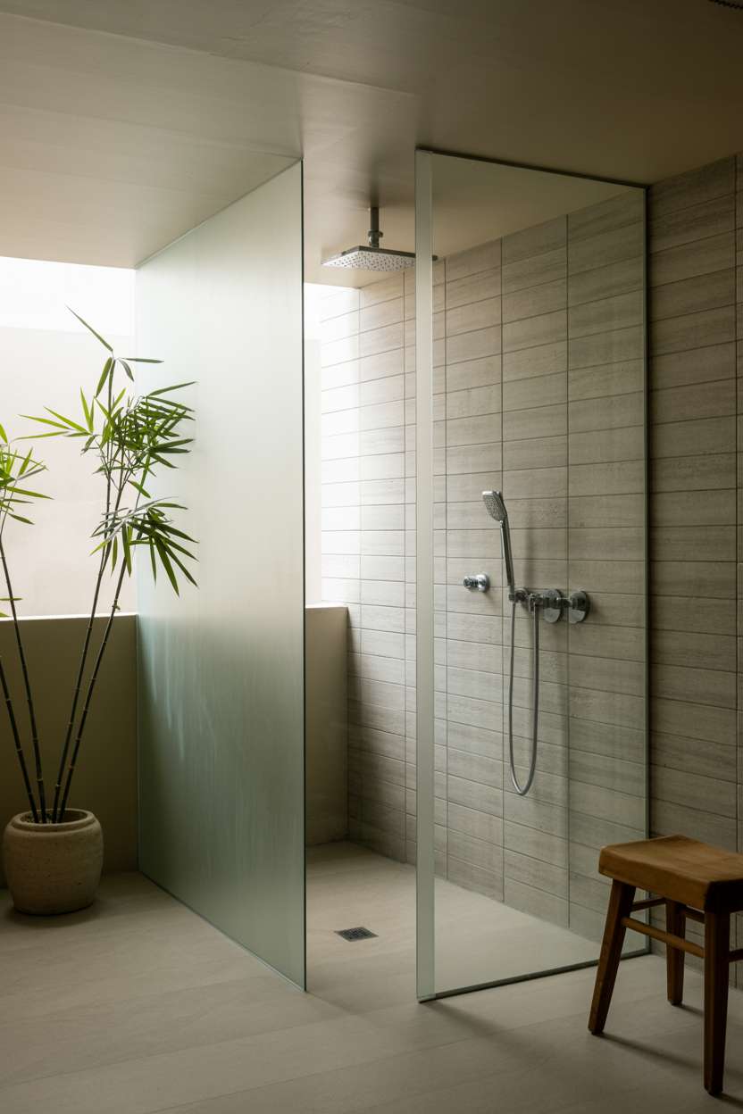 23 Serene Zen Bathroom Design Ideas for Peaceful Retreats 3 Frosted glass walk-in shower with grey stone tiles and bamboo plant accent