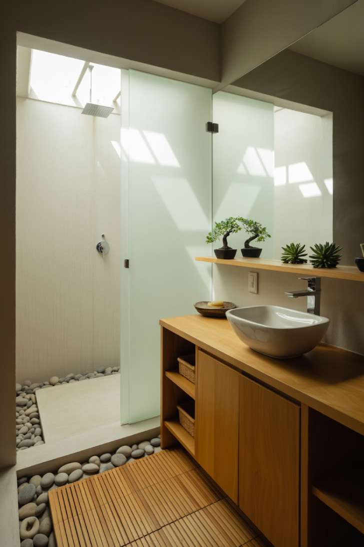 Serene Japanese bathroom with bamboo flooring and frameless mirror