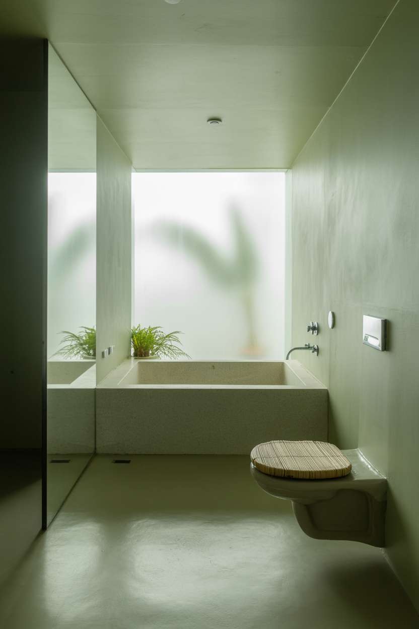 23 Serene Zen Bathroom Design Ideas for Peaceful Retreats 4 Spacious zen bathroom with rectangular stone tub, glass shower, and moss green plant accents