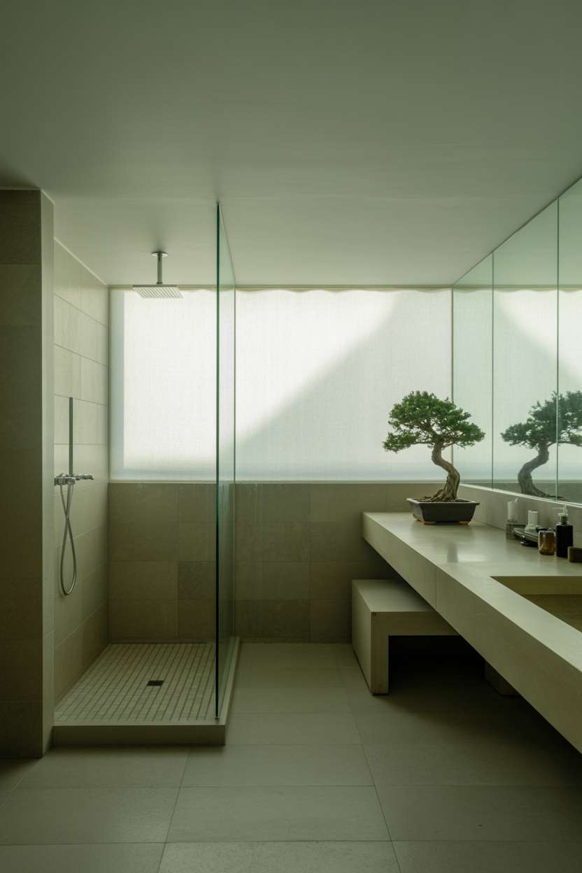 23 Serene Zen Bathroom Design Ideas for Peaceful Retreats 5 Zen bathroom with limestone tiles, floating wooden vanity, and single bonsai accent