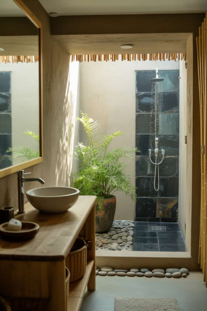 Japanese bathroom interior with dark slate shower and river stone arrangements