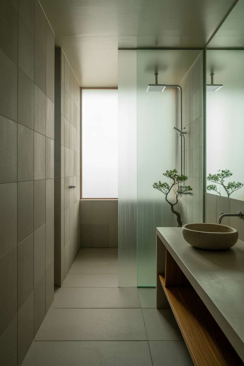 23 Serene Zen Bathroom Design Ideas for Peaceful Retreats 6 Minimalist bathroom with grey stone tiles, low wooden vanity, and glass-enclosed rainfall shower