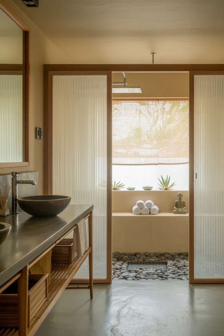Japanese bathroom with bamboo storage shelves and river stone shower flooring