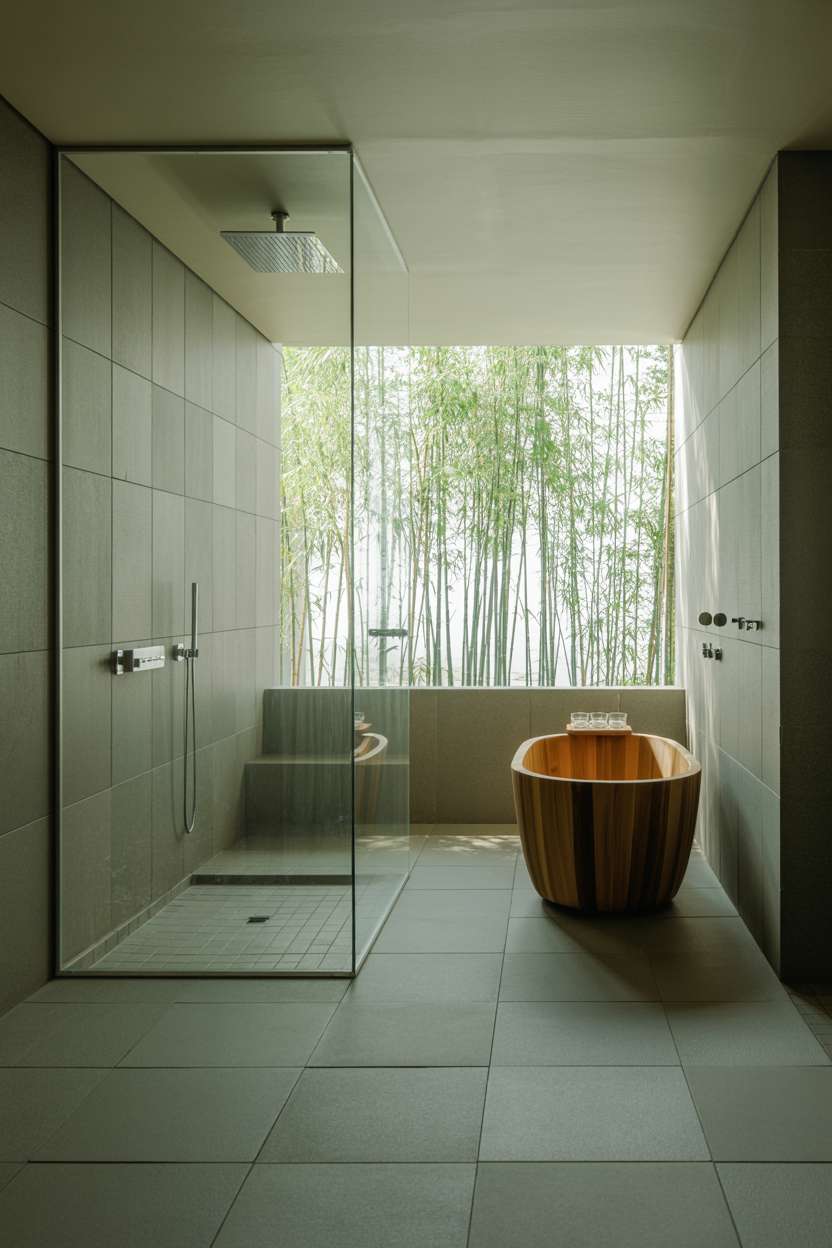 23 Serene Zen Bathroom Design Ideas for Peaceful Retreats 7 Modern zen bathroom with grey stone walls and freestanding teak bathtub near garden window