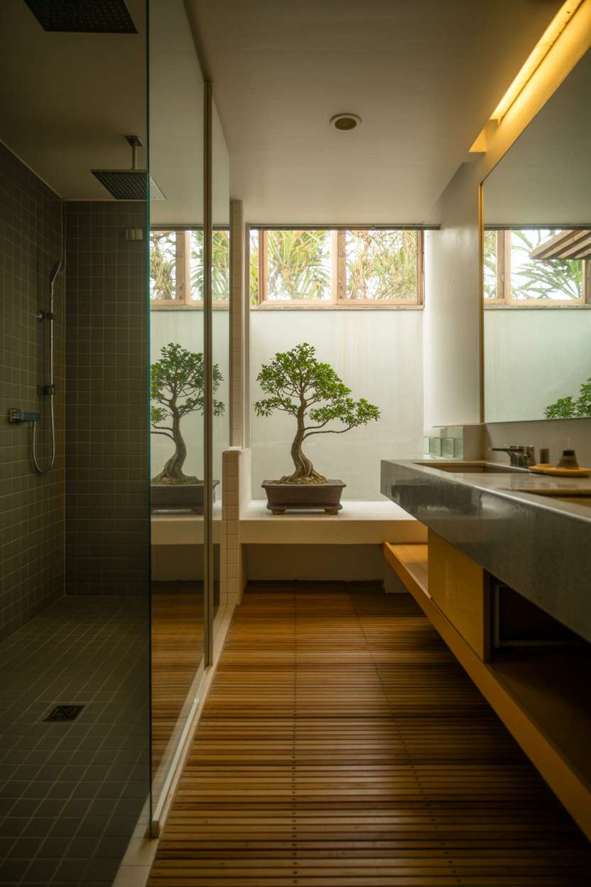 23 Serene Zen Bathroom Design Ideas for Peaceful Retreats 8 Modern zen bathroom with dark grey tile shower contrast against lighter bamboo flooring