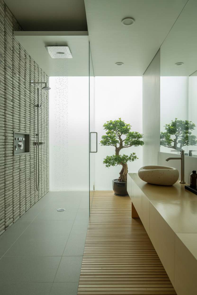 23 Serene Zen Bathroom Design Ideas for Peaceful Retreats 9 Walk-in shower with grey river stone walls, bamboo flooring, and organic ceramic sink