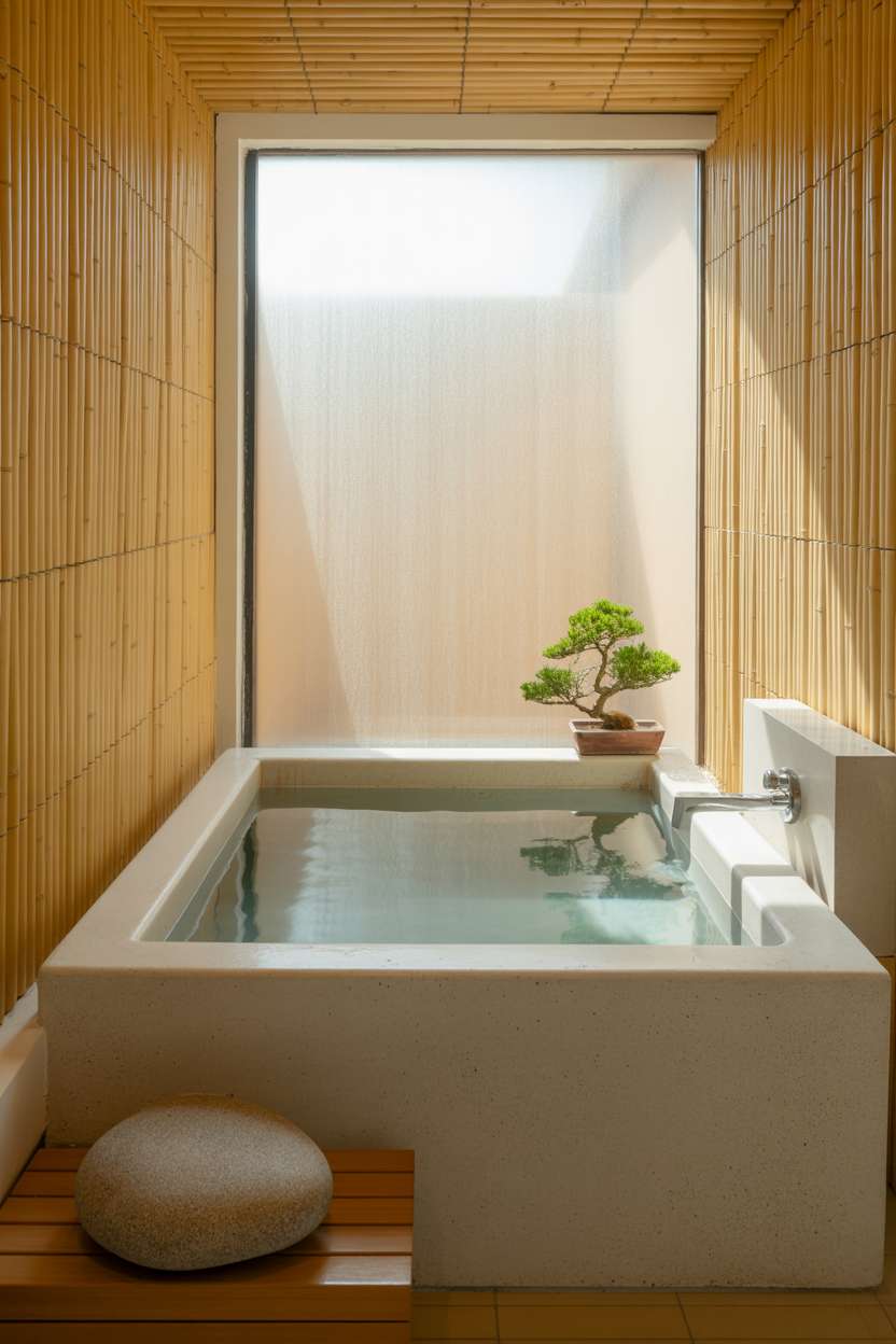 23 Serene Zen Bathroom Design Ideas for Peaceful Retreats 10 Small zen bathroom with square concrete soaking tub against bamboo panel wall