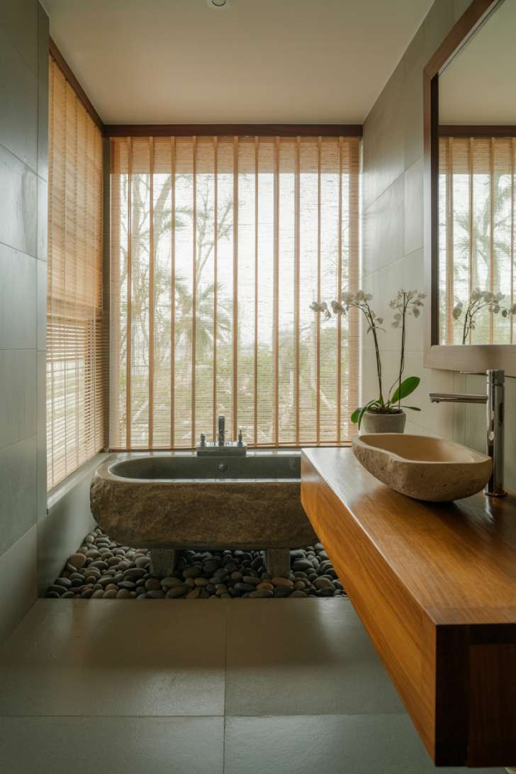 Japanese master bathroom with deep stone soaking tub beneath window