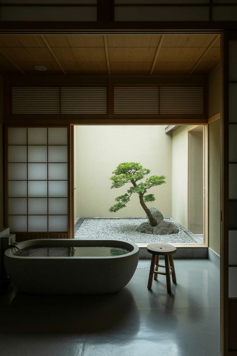 23 Serene Zen Bathroom Design Ideas for Peaceful Retreats 11 Japanese-style bathroom with dark stone soaking tub overlooking raked gravel zen garden