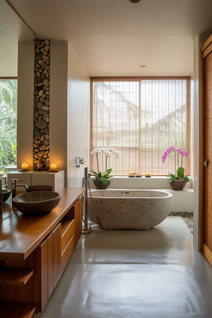 Zen master bathroom with recessed lighting and zen garden elements