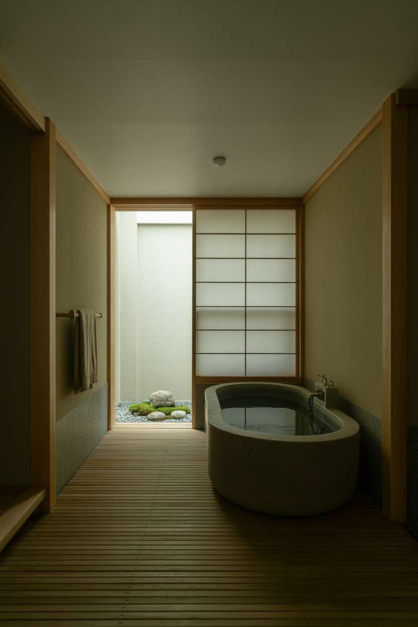 23 Serene Zen Bathroom Design Ideas for Peaceful Retreats 12 Japanese-inspired bathroom with dark concrete tub and zen garden view through large window