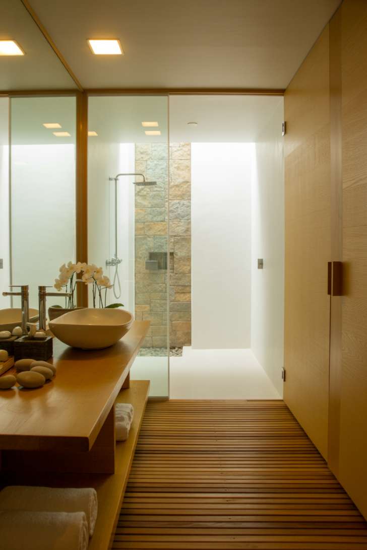 Modern Japanese bathroom with glass-enclosed shower and natural stone walls