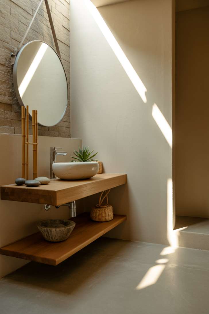 Japanese-inspired half bathroom with textured stone accent wall