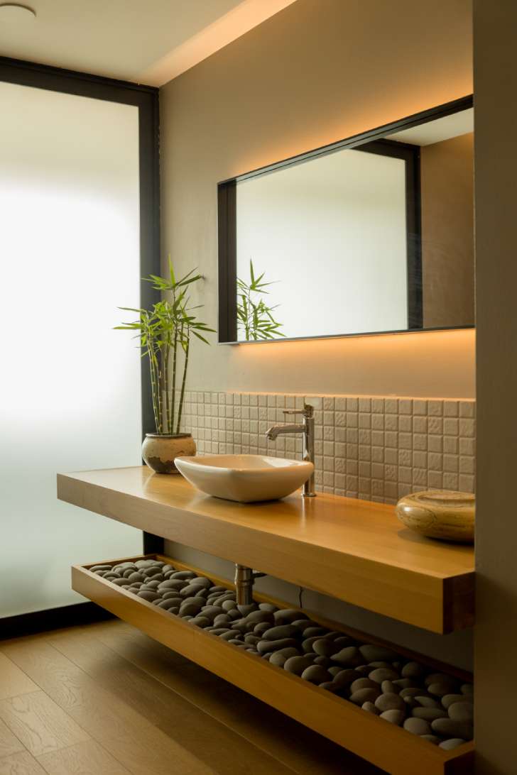 Zen half bathroom with LED backlit mirror and floating vanity