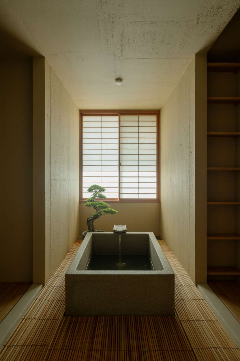23 Serene Zen Bathroom Design Ideas for Peaceful Retreats 16 Square dark stone tub against textured plaster walls with bamboo flooring and shoji screen