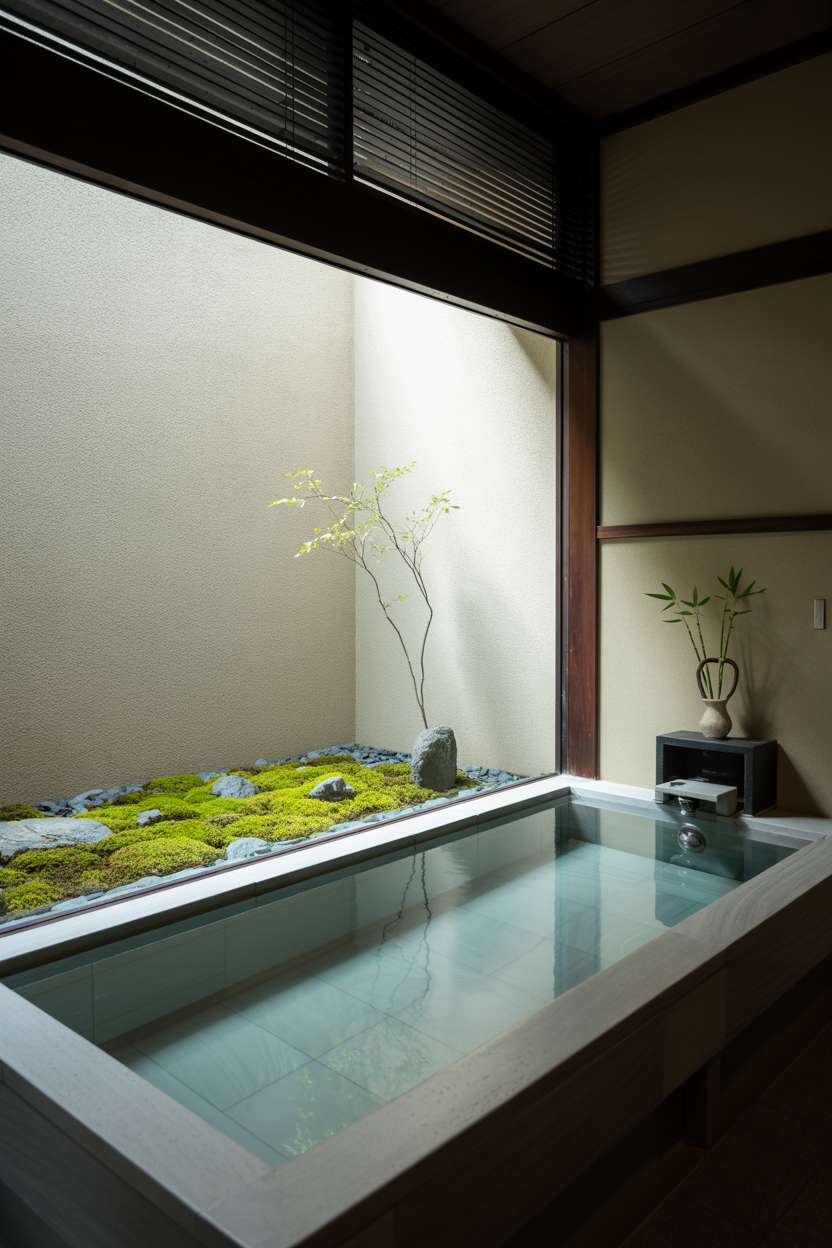 23 Serene Zen Bathroom Design Ideas for Peaceful Retreats 17 Large rectangular stone tub beside floor-to-ceiling window overlooking a zen garden with moss and rocks
