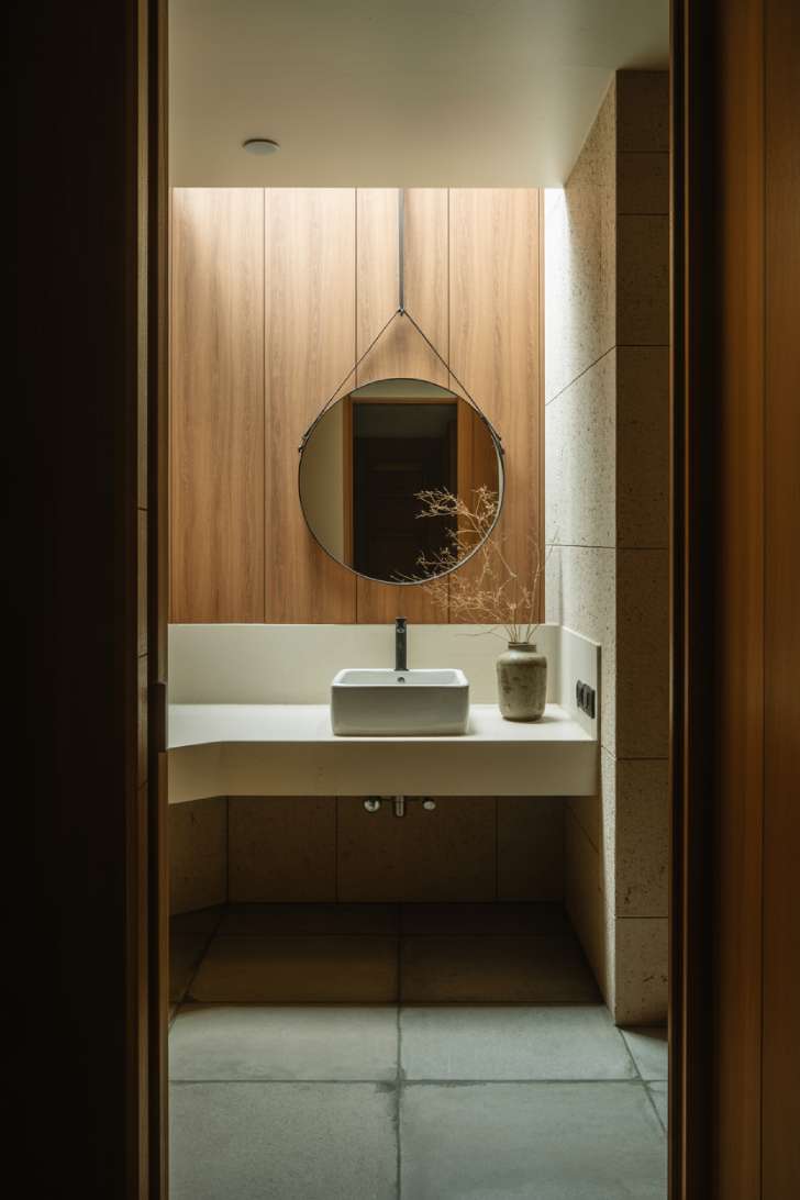 Modern Japanese half bathroom with circular black-framed mirror