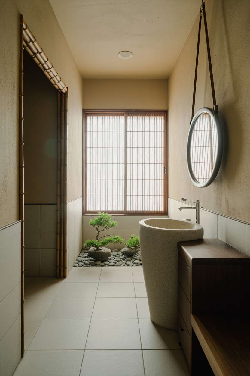 23 Serene Zen Bathroom Design Ideas for Peaceful Retreats 19 Curved stone sink with dark wood vanity and bonsai arrangement in natural lighting