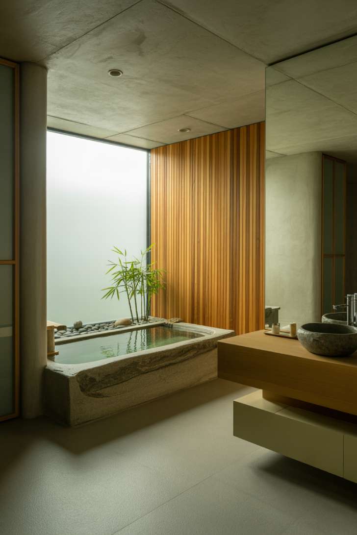 Spacious Japanese master bathroom with wood accent wall and rectangular stone tub