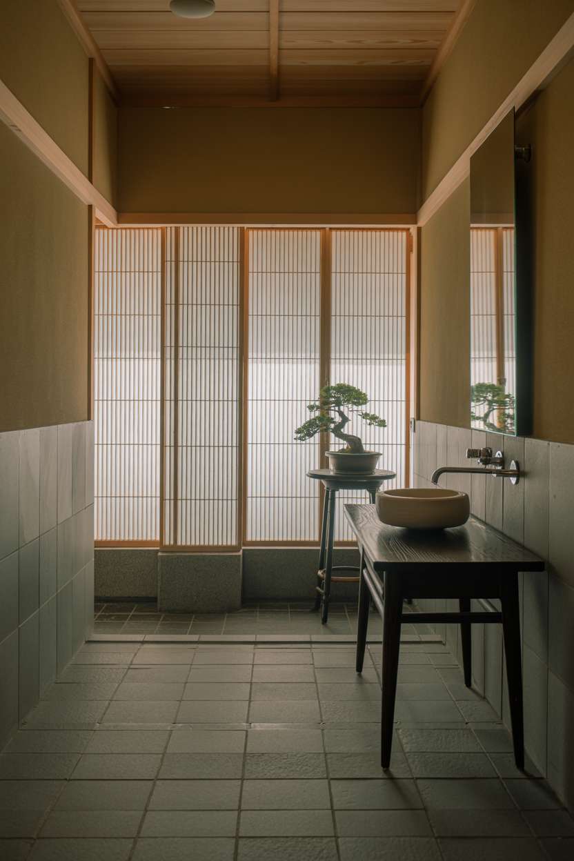 23 Serene Zen Bathroom Design Ideas for Peaceful Retreats 20 Grey stone bathroom with dark wood vanity and bamboo screen room divider