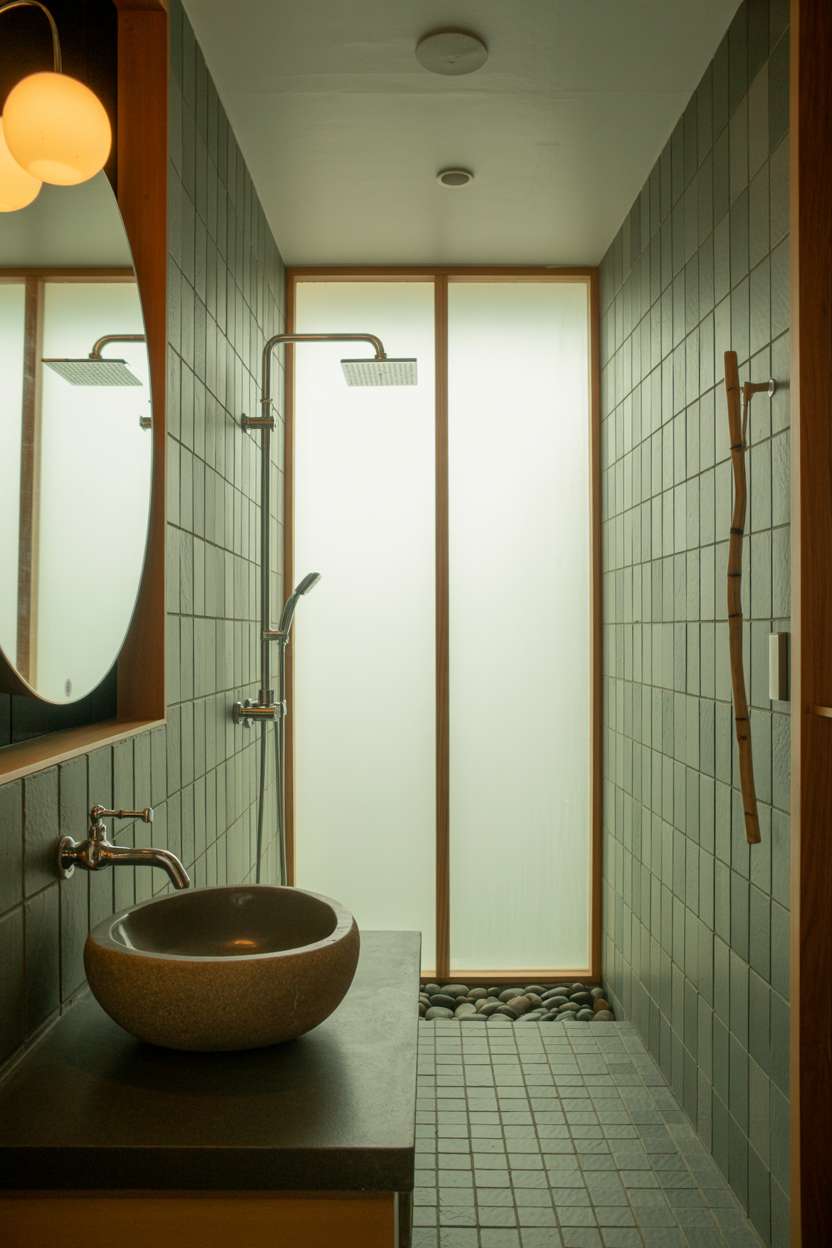 23 Serene Zen Bathroom Design Ideas for Peaceful Retreats 21 Large open shower with frameless glass, rainfall head, and river stone flooring