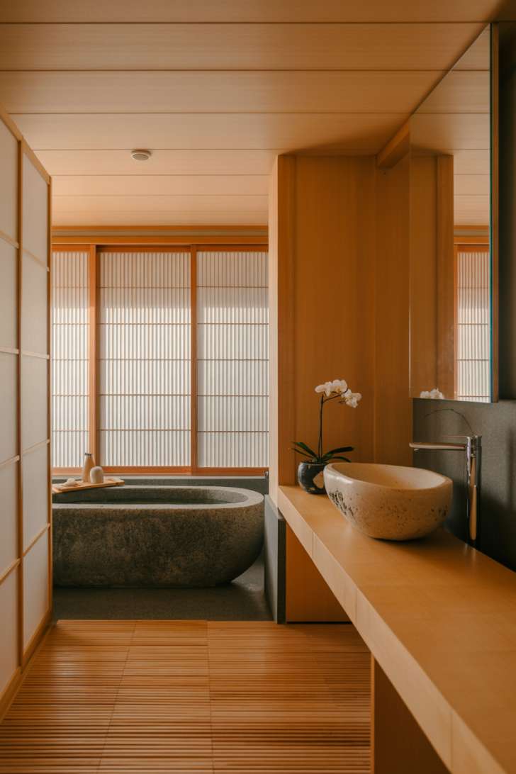 Japanese master bathroom with volcanic stone tub and shoji screen windows