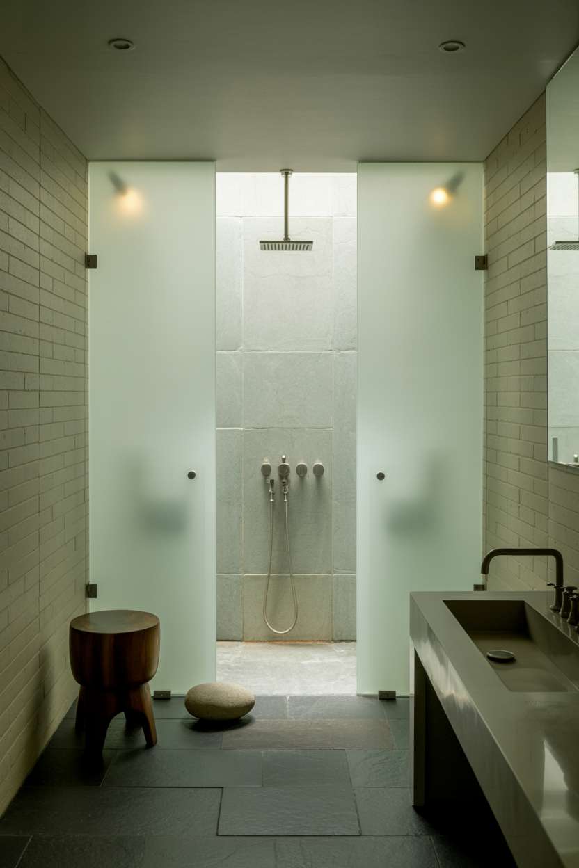 23 Serene Zen Bathroom Design Ideas for Peaceful Retreats 22 Frosted glass shower seamlessly integrated into pale stone walls with wooden platform
