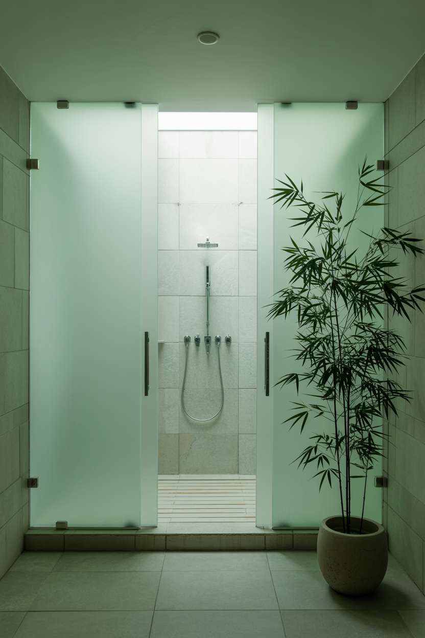 23 Serene Zen Bathroom Design Ideas for Peaceful Retreats 23 Walk-in shower with frosted glass panels, wooden platform entry, and bamboo plant accent